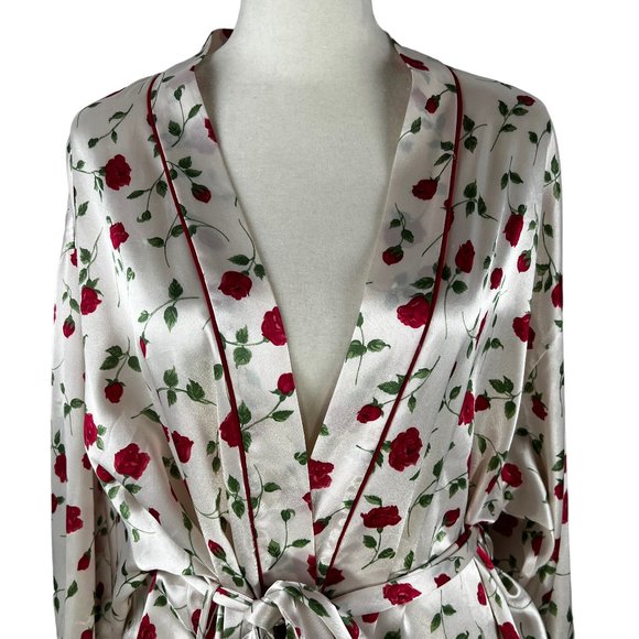 Like new JOSIE NATORI Kimono Style Cream Satin-Like Red Rose Print Robe … - Picture 10 of 11